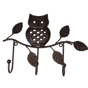 Owl On Tree Branch Wall Hanger Key Holder Three (3) Hooks Black Metal 10.5x7x1